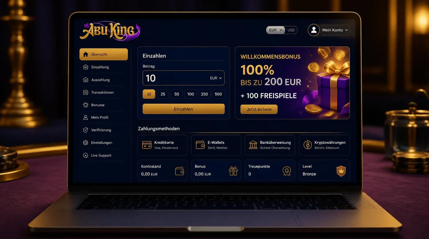 Casino-Konto mit Einzahlung von 10 EUR, Bonusanzeige bis 200 EUR und 100 Freispielen