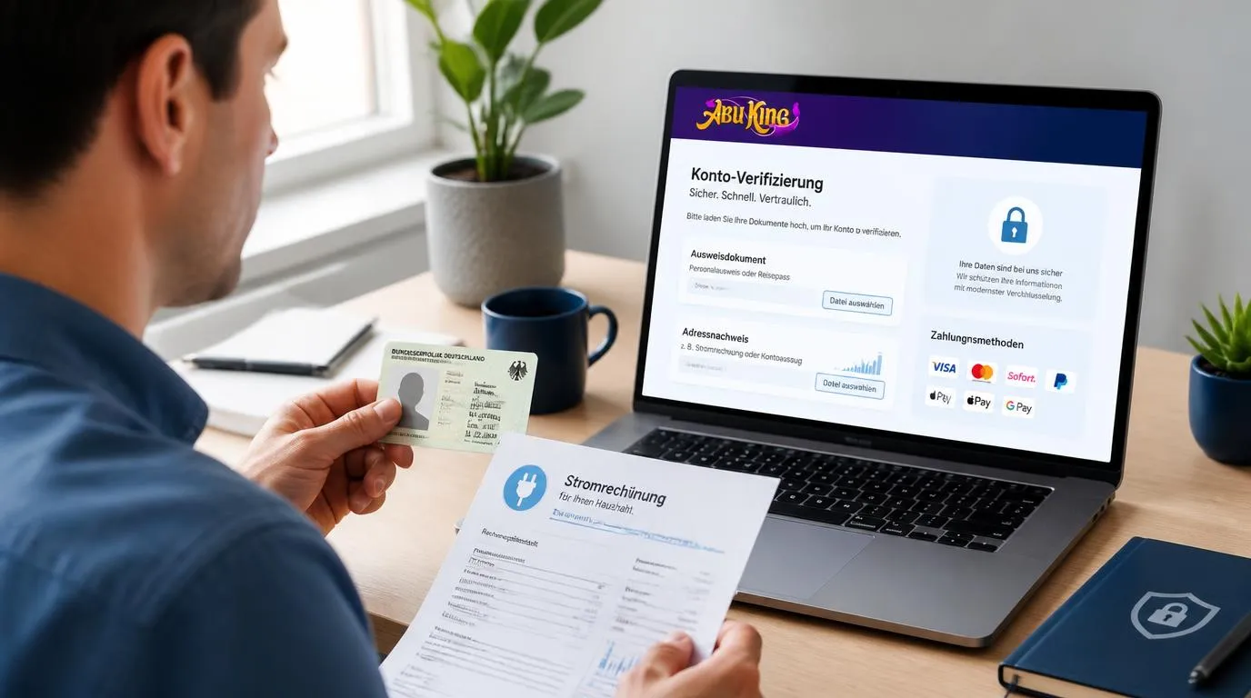 Person prüft Ausweis und Adressnachweis neben einem sicheren Online-Konto auf einem Laptop