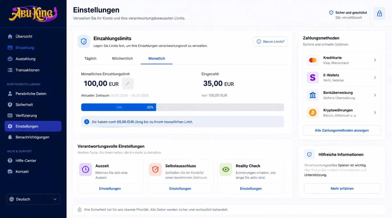 Kontoansicht mit monatlichem Einzahlungslimit, Budgetanzeige und Pause-Funktion im Casino