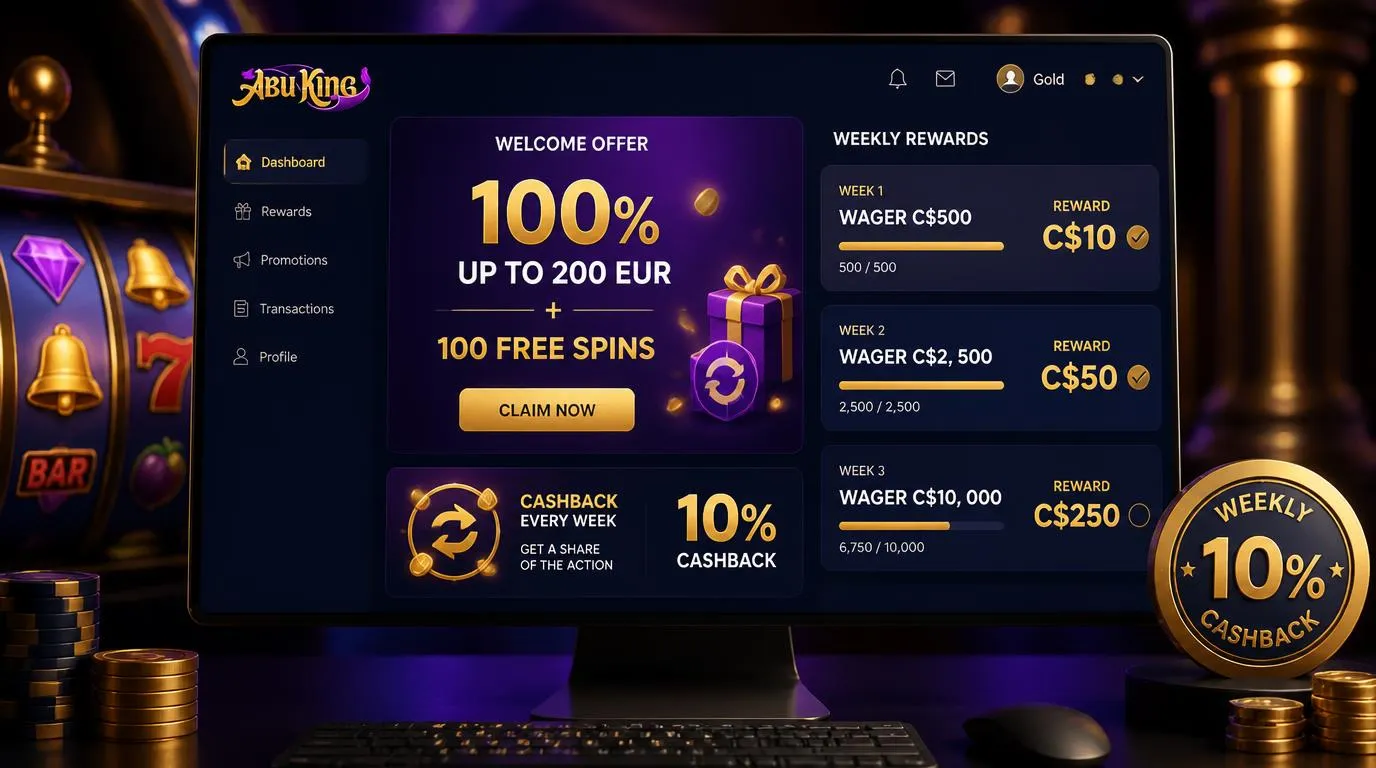 Casino-Benutzeroberfläche mit Willkommensbonus, Freispielen und wöchentlichen Belohnungsstufen