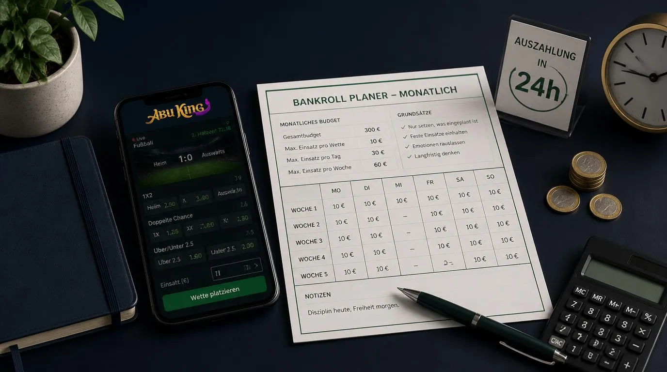 Notizbuch mit Wettbudget, Smartphone mit Sportwetten und markierten Einsatzgrenzen