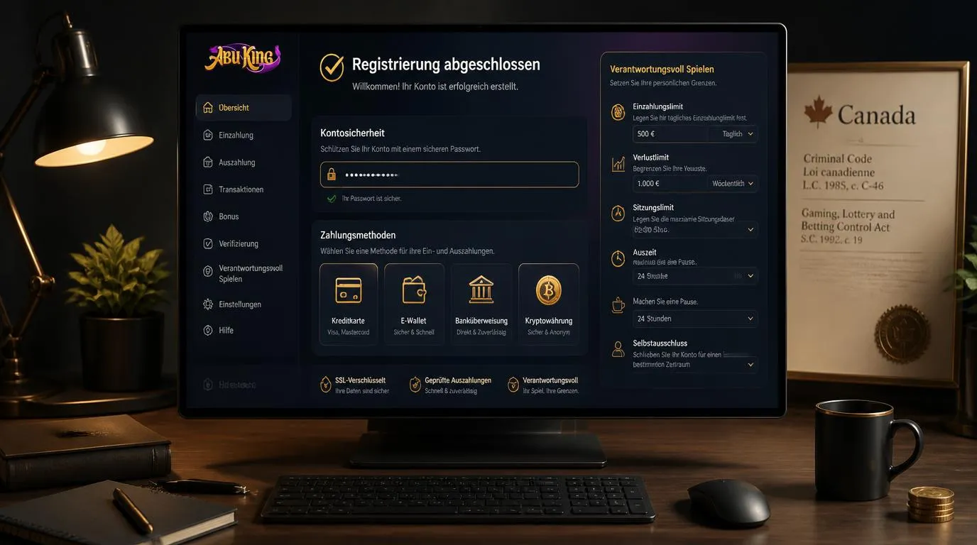 Registrierungsseite mit sicherem Konto, Zahlungsarten und Einstellungen für Spielerschutz