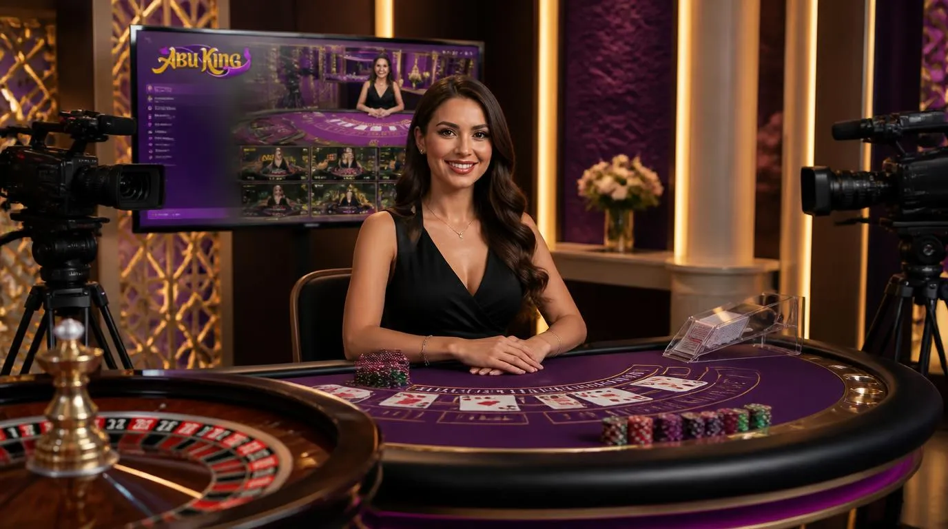Live-Dealer-Tisch mit Roulettekessel, Blackjackkarten und professioneller Dealerin in einem modernen Studio