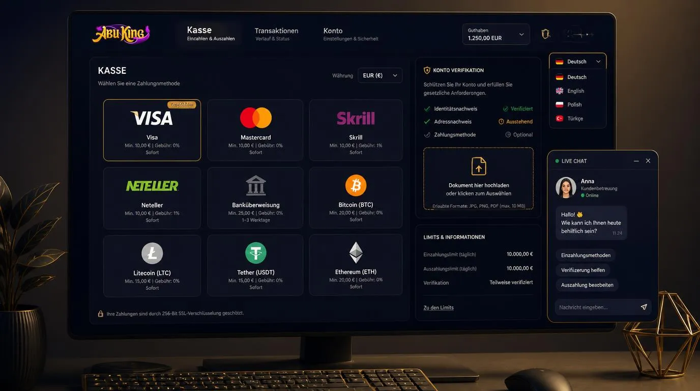 Casino-Kassenansicht mit Euro-Auswahl, Zahlungsarten und aktivem Live-Chat auf Deutsch