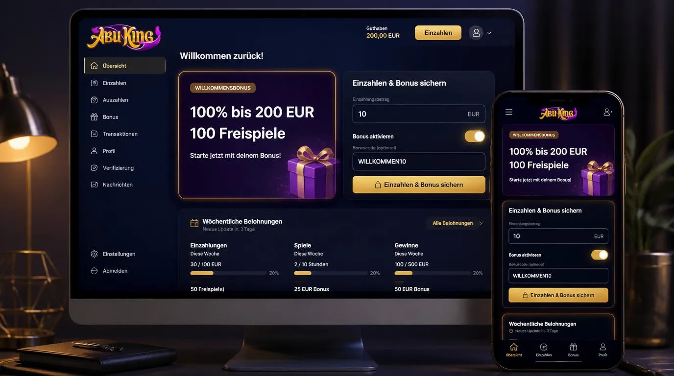 Bonusbereich eines Online-Casinos mit aktivierter Willkommensprämie, Einzahlung und Freispielen