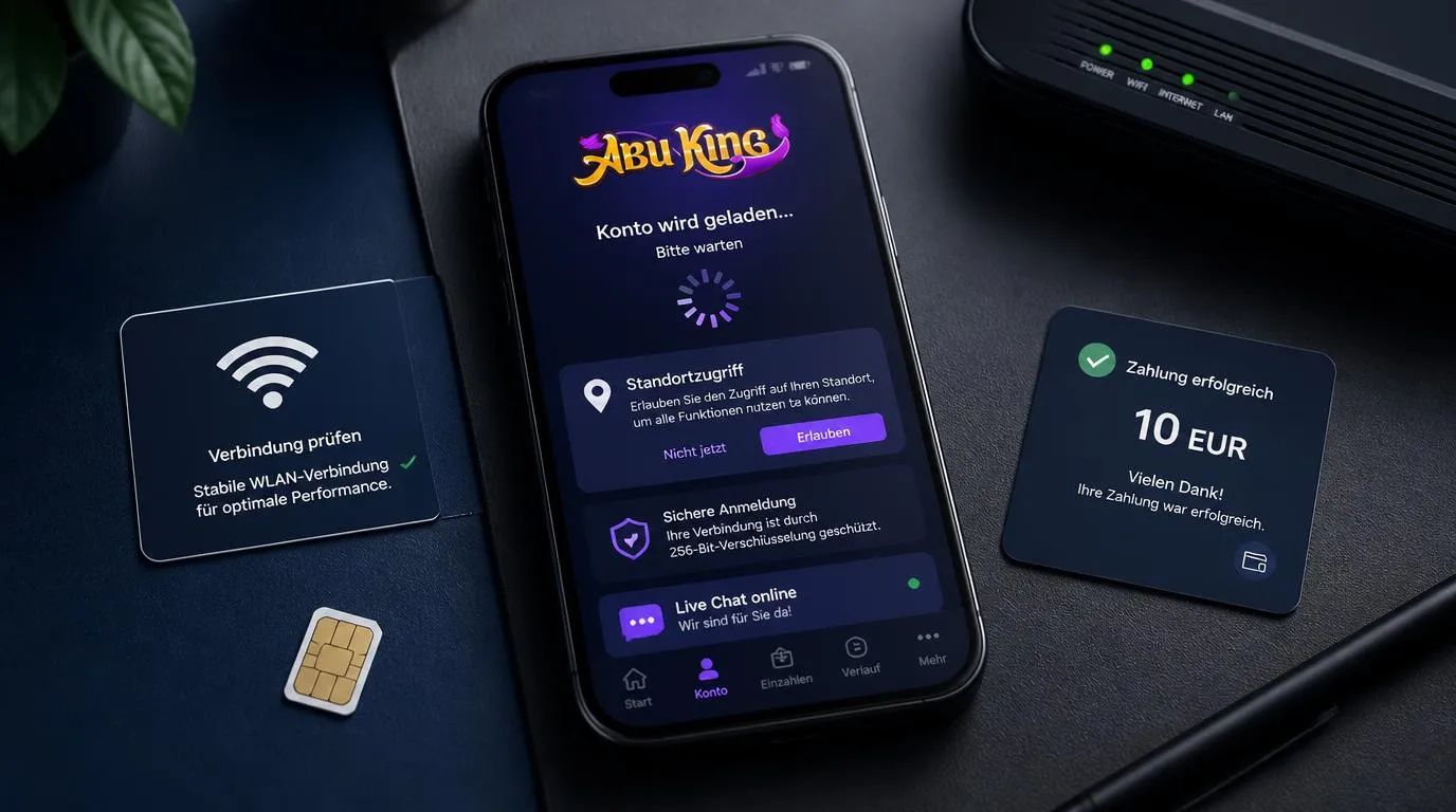 Smartphone mit Casino-App, Ladeanzeige, Standortfreigabe und aktivem Live-Chat