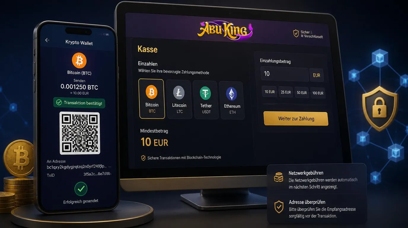 Smartphone mit Krypto-Wallet und bestätigter Bitcoin-Zahlung neben einem Casino-Kassenbereich