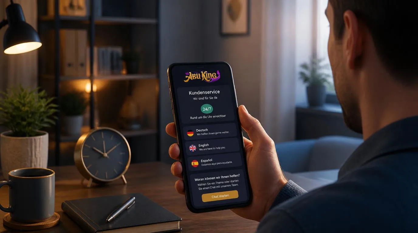 Person nutzt eine Casino-App bewusst mit sichtbarem deutschsprachigem Kundenservice auf dem Smartphone
